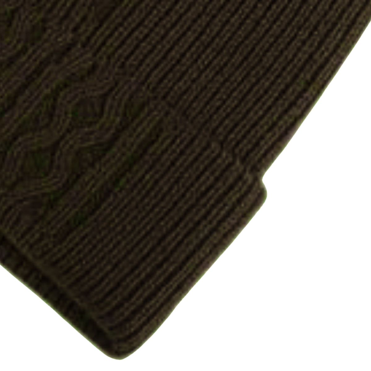 Brown knit beanie with a geometric pattern and velvet inner photographed on a white background