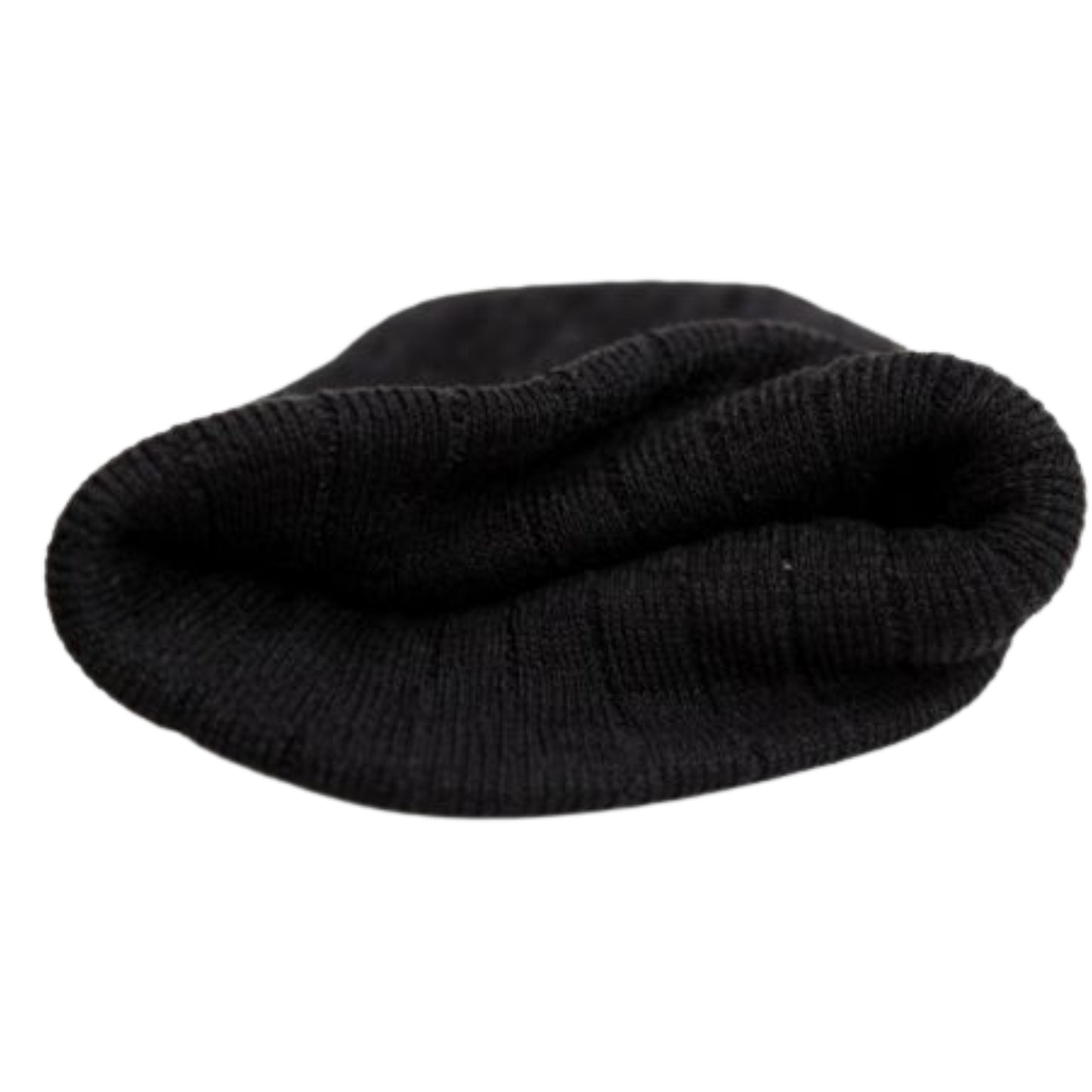 Black knit beanie on a white background