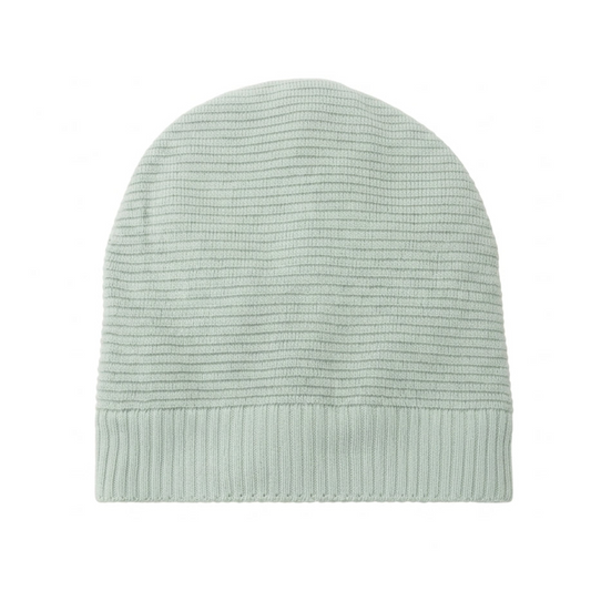 A light sage green ribbed knit beanie hat, shown flat against a solid white background.
