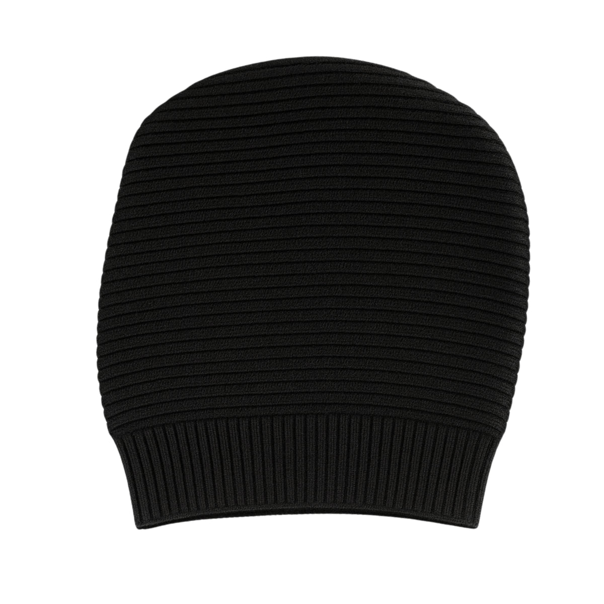 Black knitted beanie with woolen inner photographed on a white background