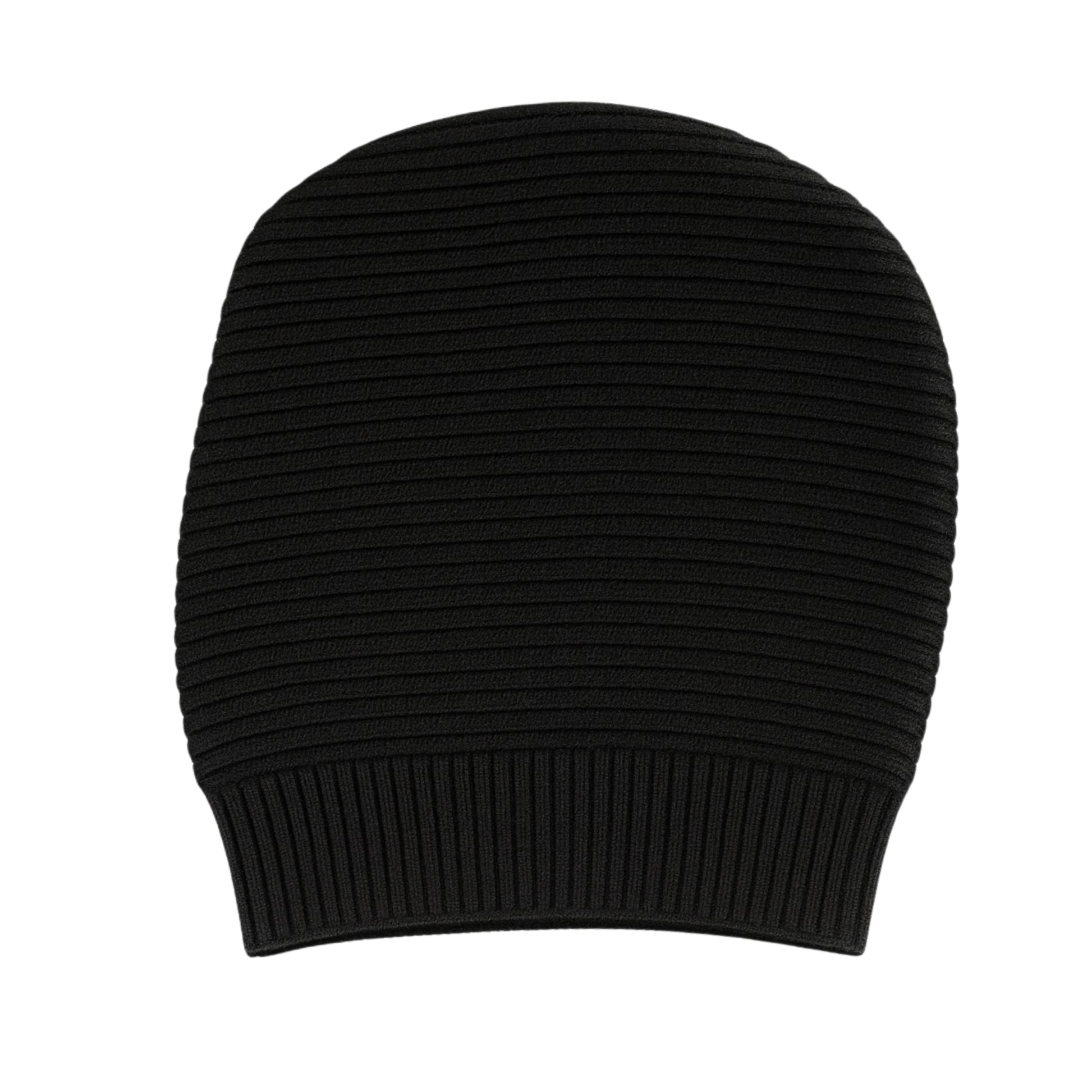 Black knitted beanie with woolen inner photographed on a white background