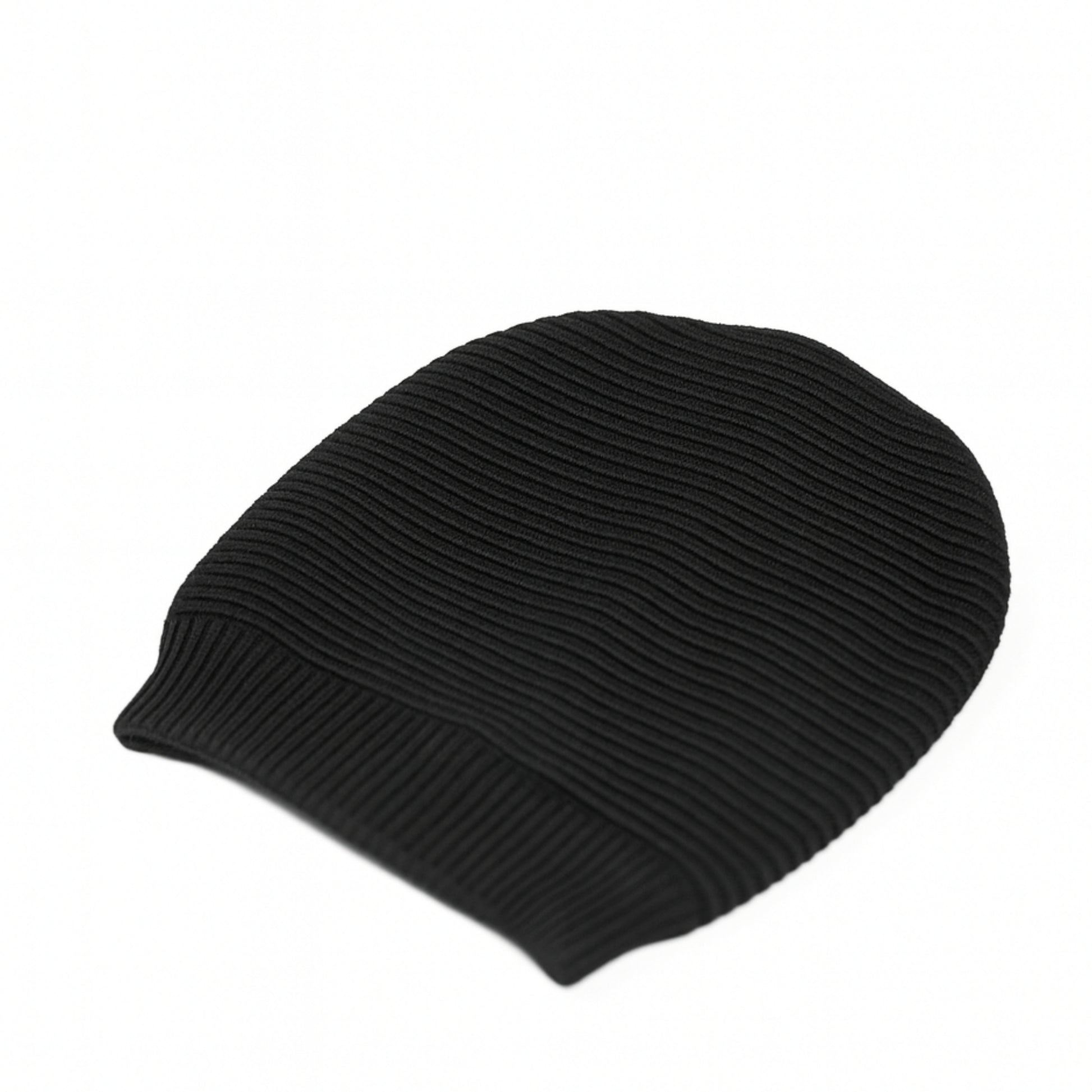 Black knitted beanie with woolen inner photographed on a white background