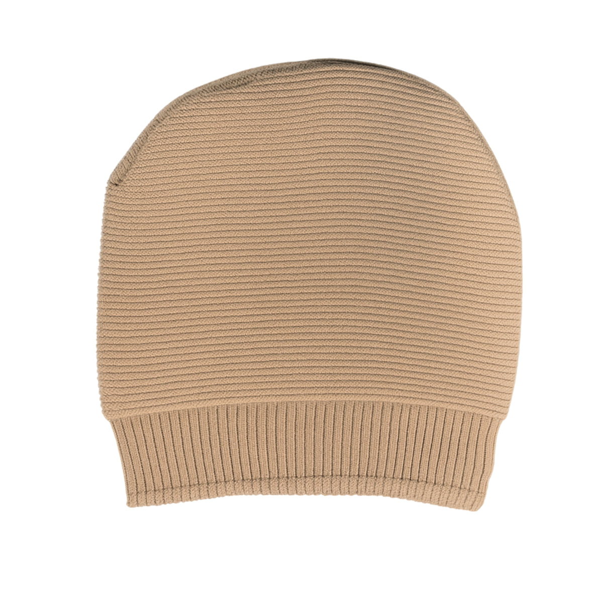 Beige knit beanie withwoolen inner photographed on a white background