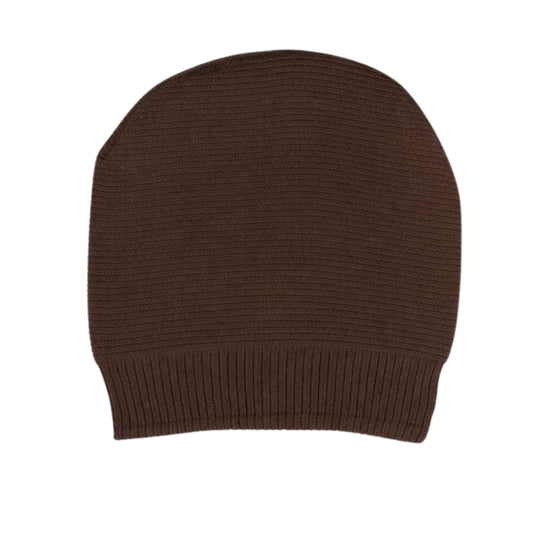 Brown knit beanie with woolen inner on a white background