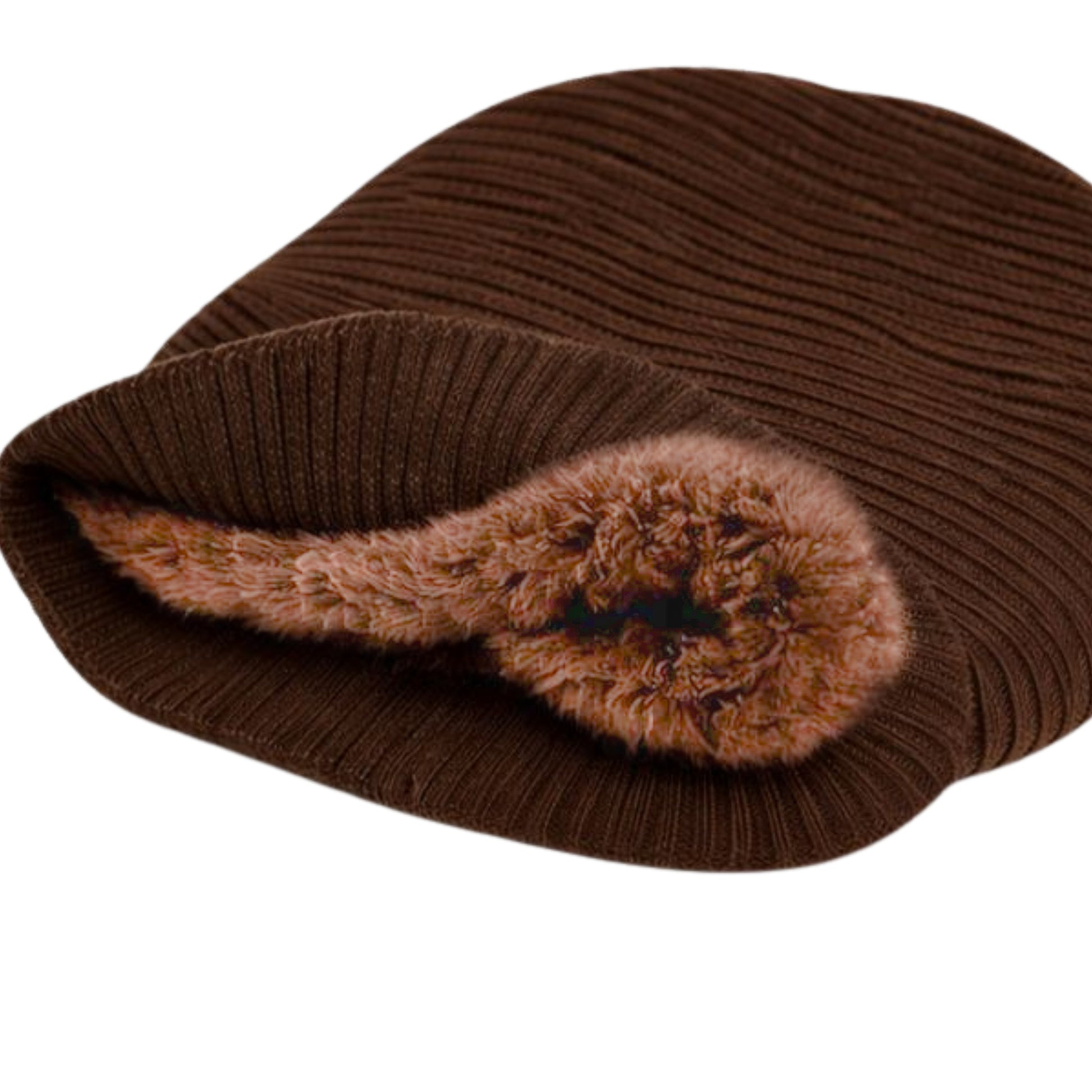 Brown knit beanie with woolen inner on a white background