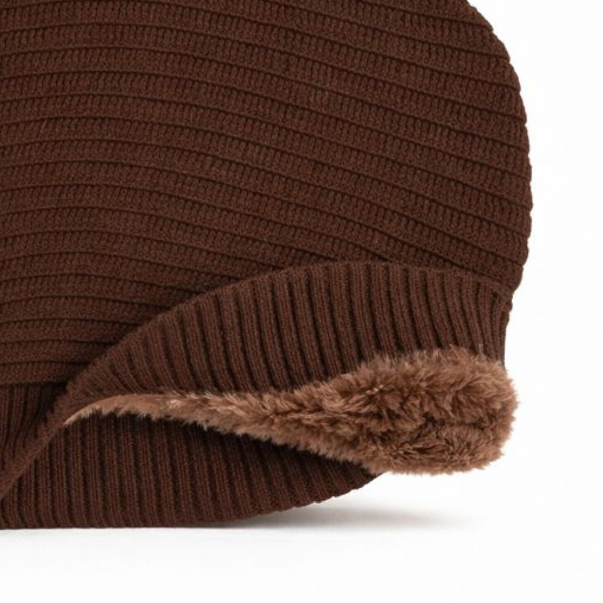 Brown knit beanie with woolen inner on a white background