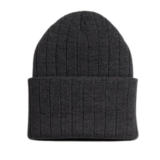 Dark gray knit beanie on a white background
