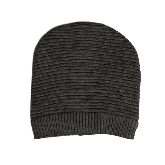 Dark gray knit beanie with woolen inner photographed on a white background