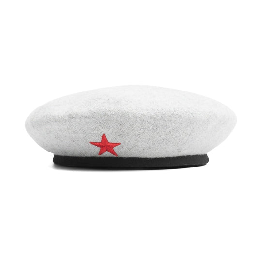 A white wool beret-style cap with a small red embroidered star on the front and a black band around the base, shown on a plain white background.