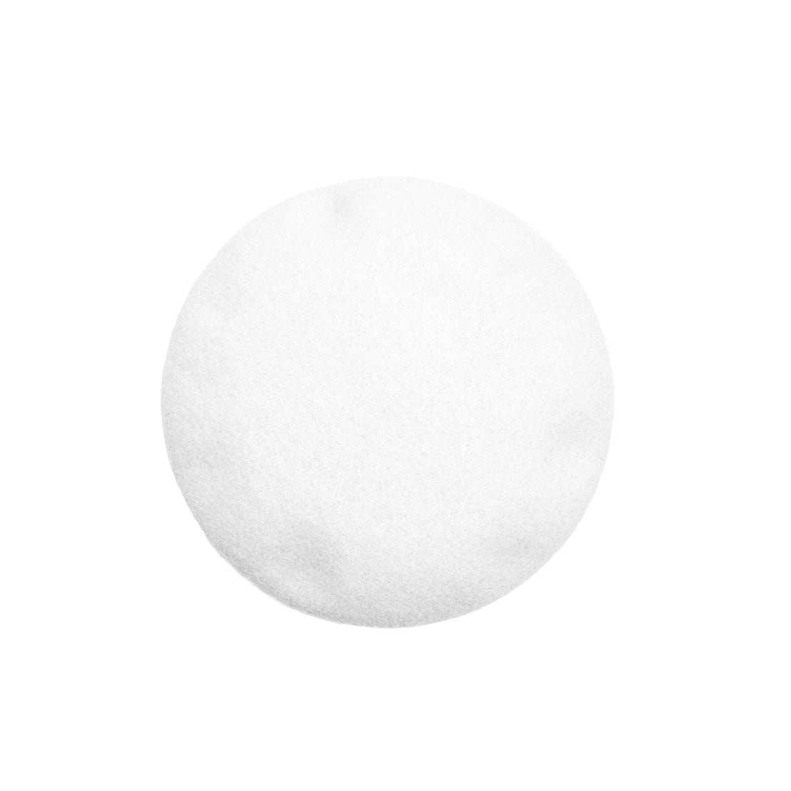 A single white circular hat, centered on a solid white background.