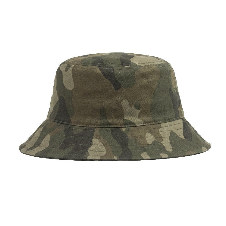 A classic bucket hat in a woodland camouflage pattern, featuring shades of green, brown, and beige, shown against a plain white background.