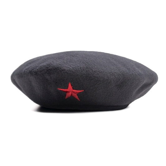 A dark gray hat wool beret featuring an embroidered red five-pointed star on the front, displayed against a solid white background.