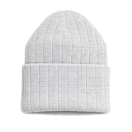 Gray knit beanie on a white background