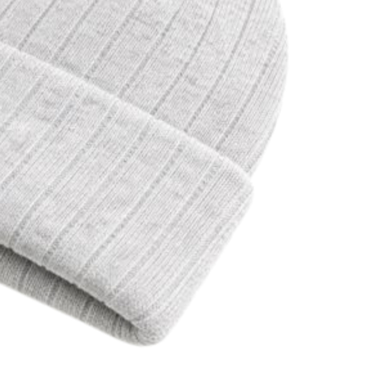 Close-up of a gray knit beanie on a white background