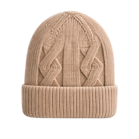 Beige knit beanie with cable pattern and inner velvet photographed on a white background