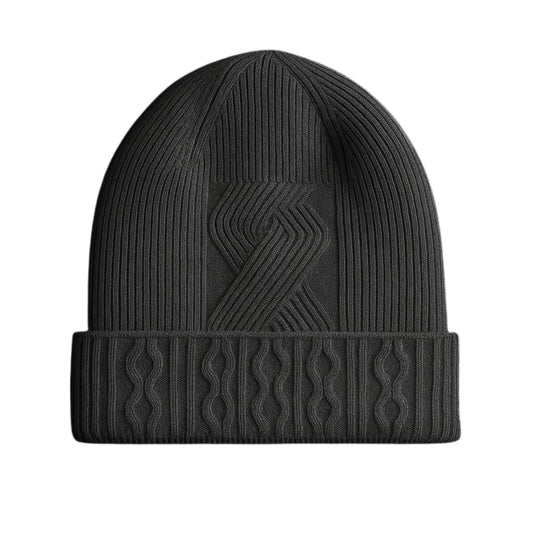 Grey knit beanie with geometric pattern and velvet inner photographed on a white background 