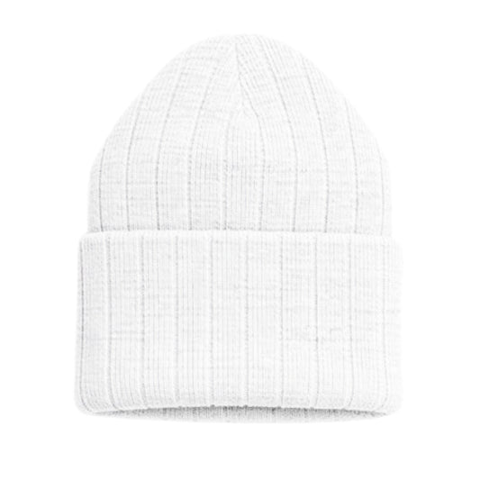 White knit beanie on a white background