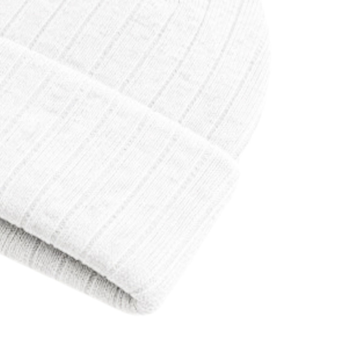 White knit beanie on a white background