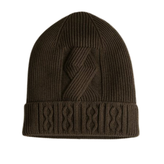 Brown knit beanie with a geometric pattern and velvet inner photographed  on a white background