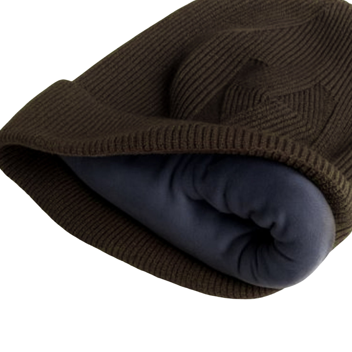 Brown knit beanie with a geometric pattern and velvet inner photographed  on a white background