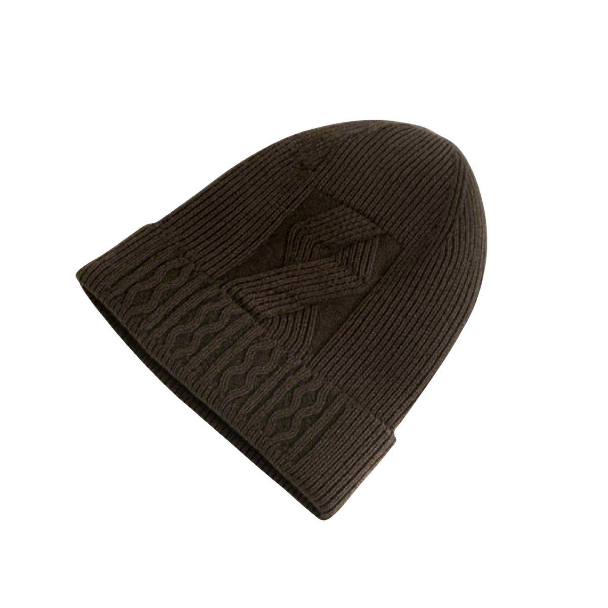 Brown knit beanie with a geometric pattern and velvet inner photographed  on a white background