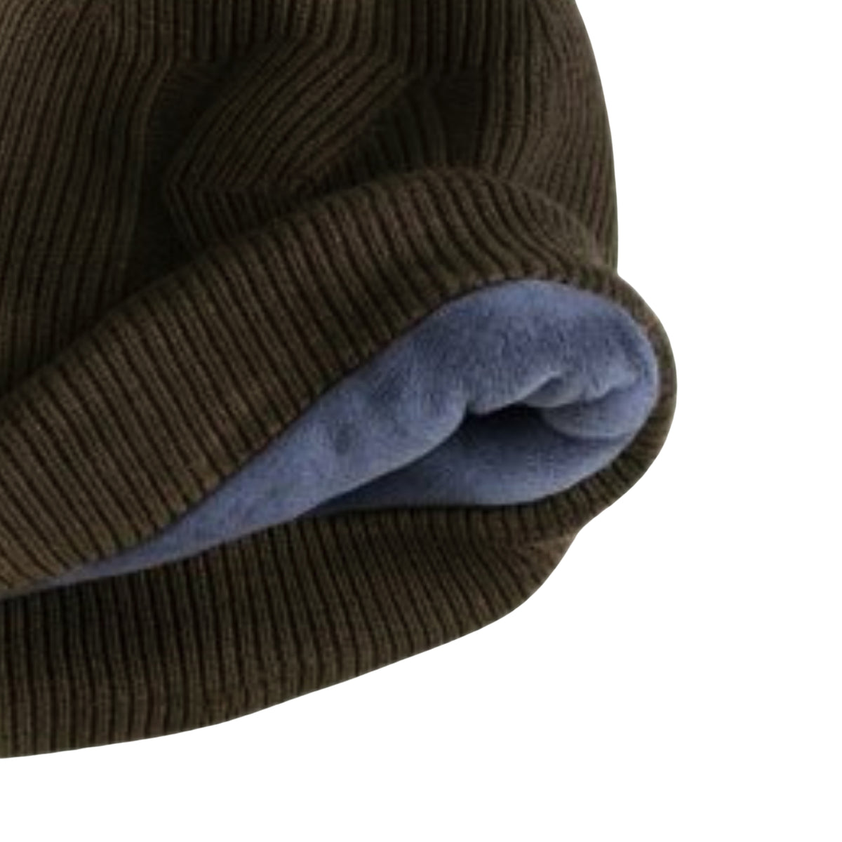 Brown knit beanie with a geometric pattern and velvet inner photographed  on a white background