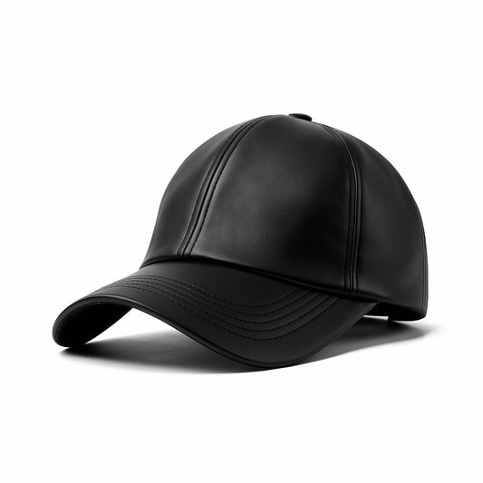 Black faux leather baseball cap with a structured high crown , stiched curved brim and an adjustable back strap photographed on a white background.
