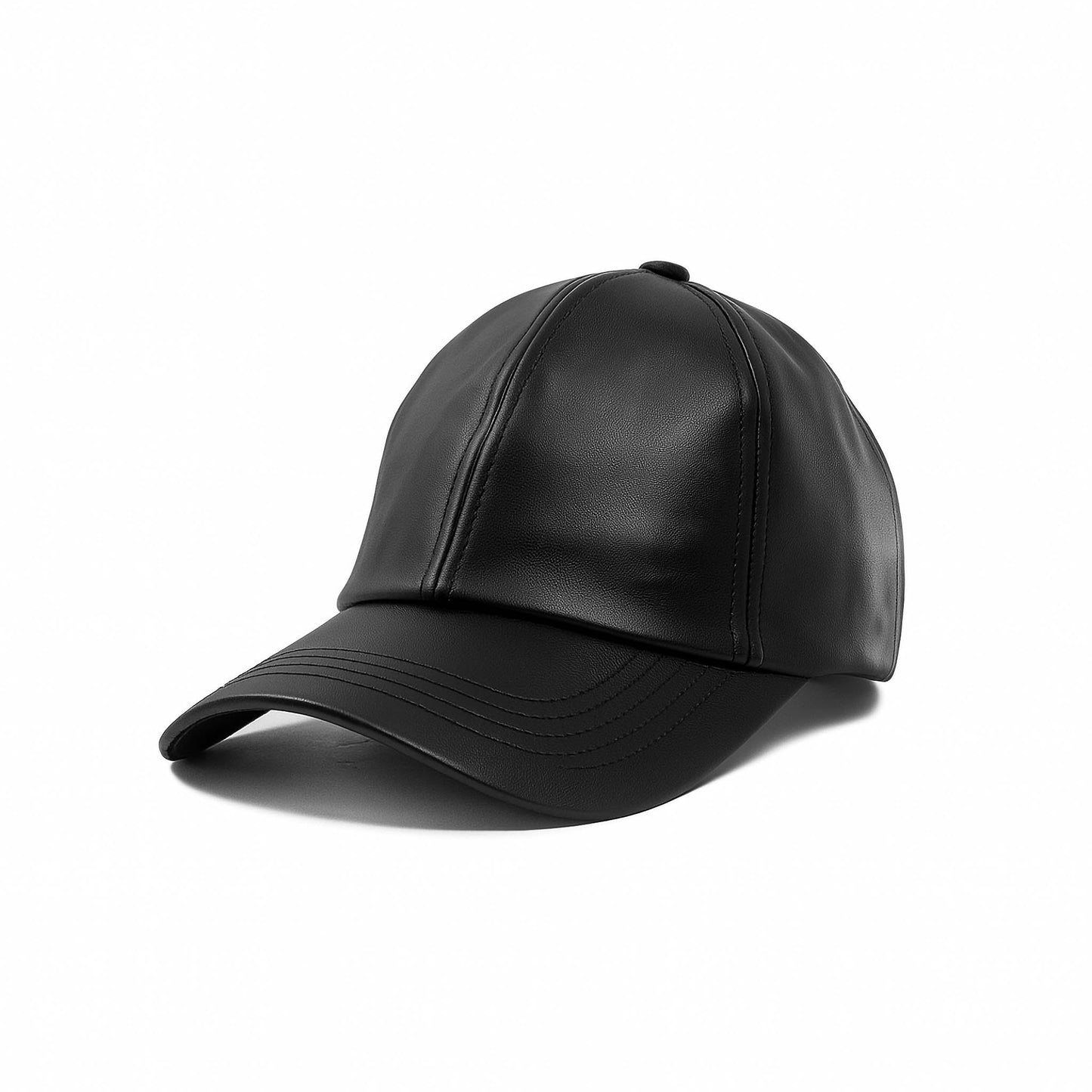 Black faux leather baseball cap with a structured high crown , stiched curved brim and an adjustable back strap photographed on a white background.
