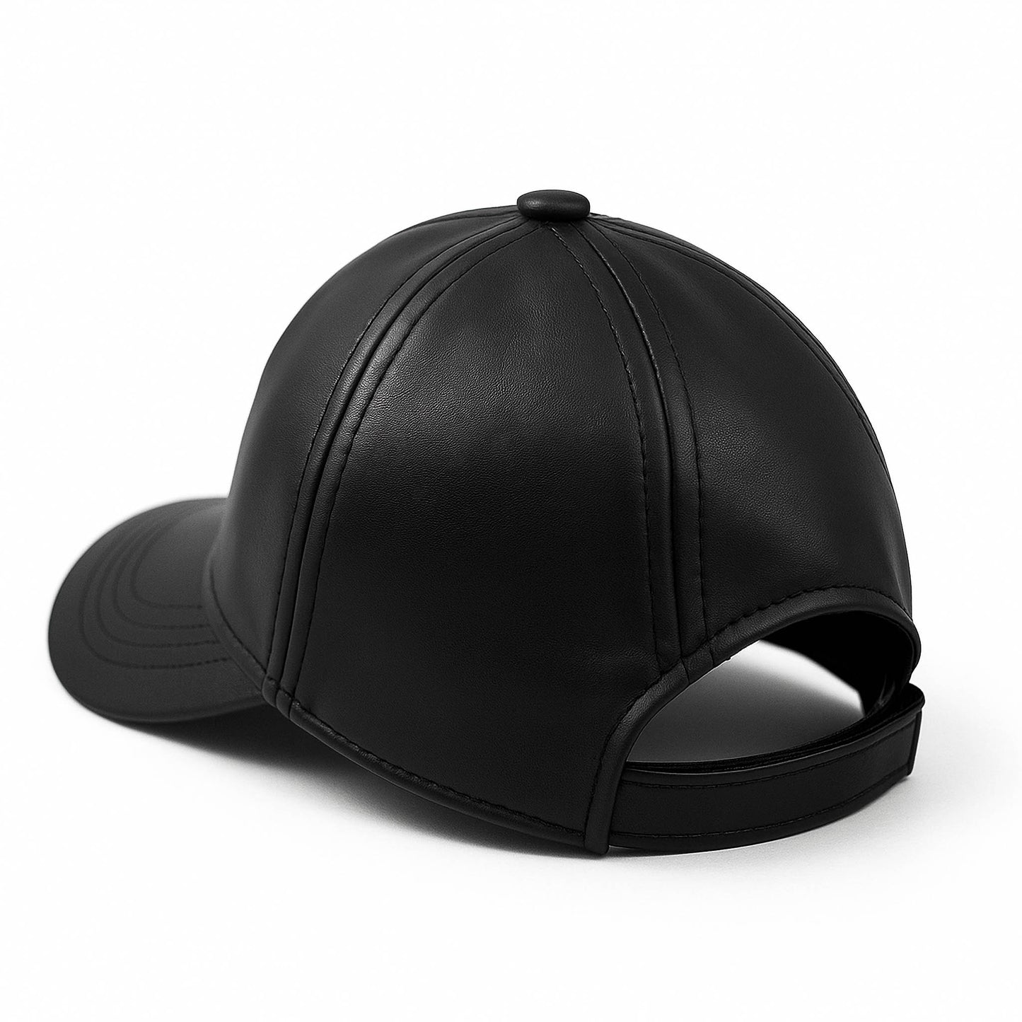 Black faux leather baseball cap with a structured high crown , stiched curved brim and an adjustable back strap photographed on a white background.
