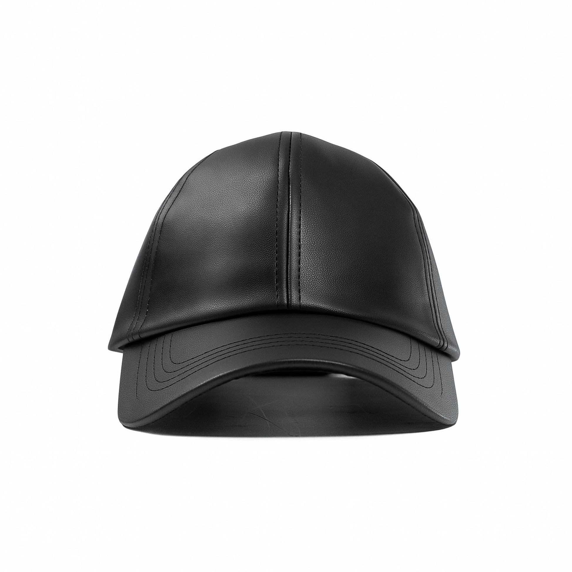 No Cap BD black faux leather baseball cap with structured crown, curved brim and adjustable back strap
