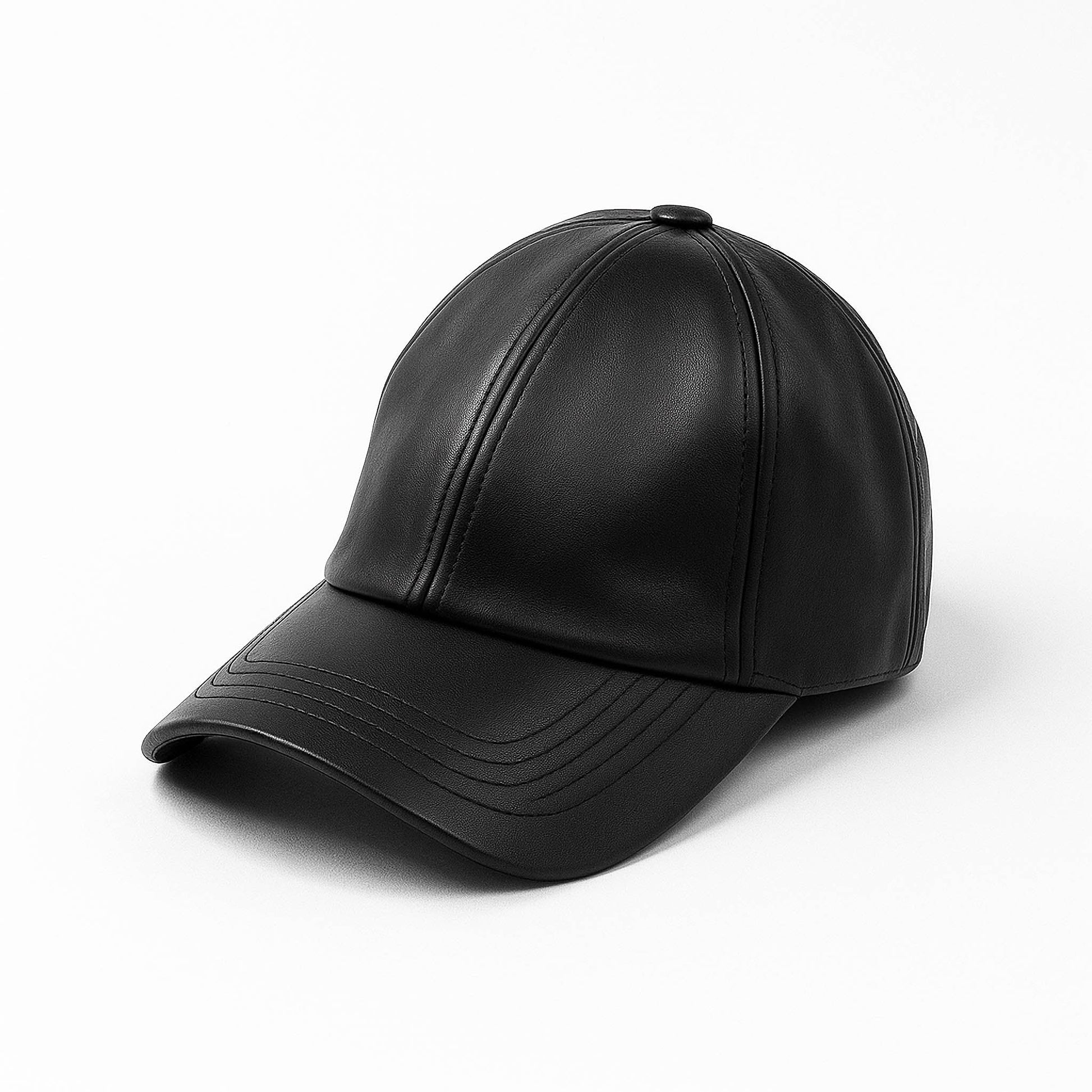 No Cap BD black faux leather baseball cap with structured crown, curved brim and adjustable back strap