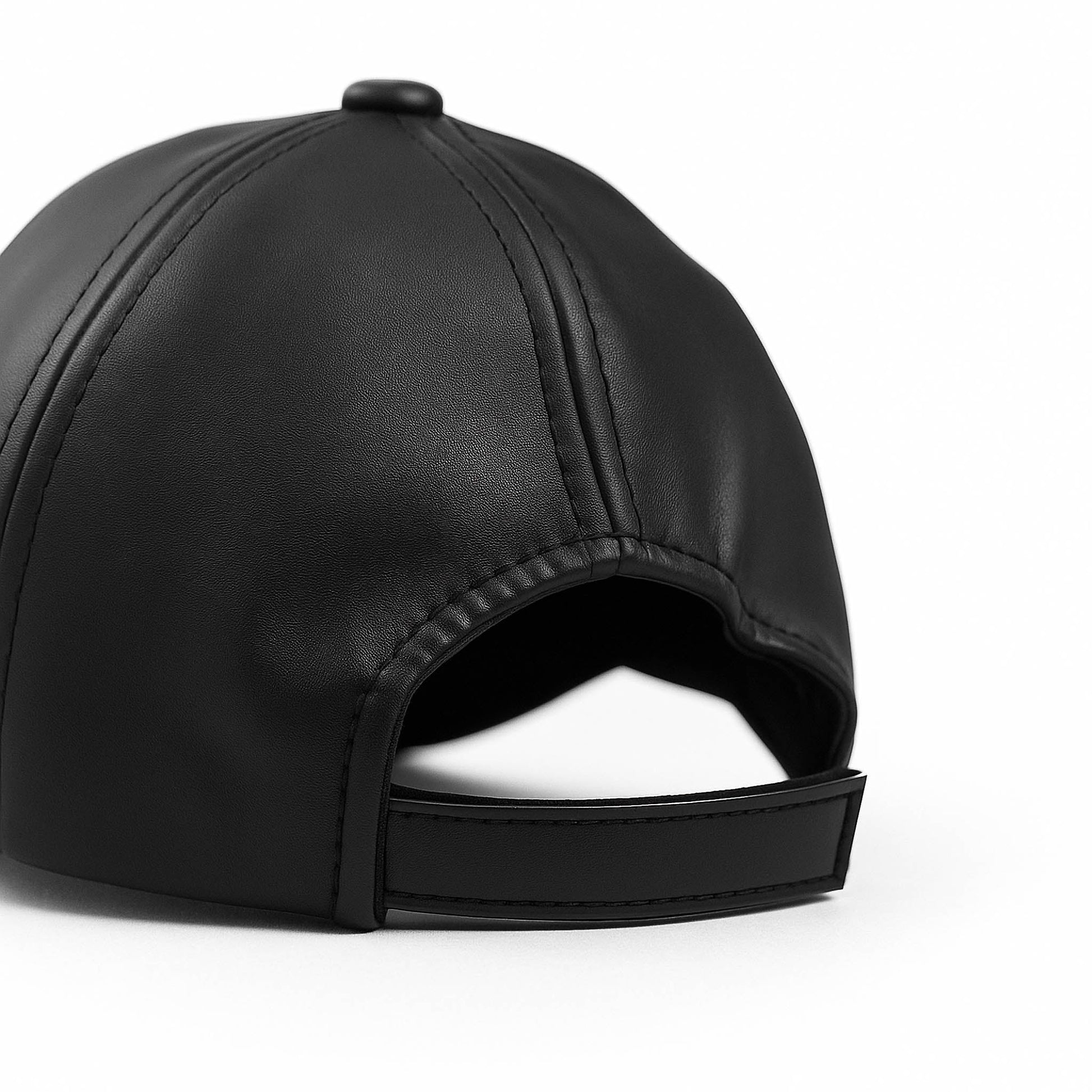 No Cap BD black faux leather baseball cap with structured crown, curved brim and adjustable back strap