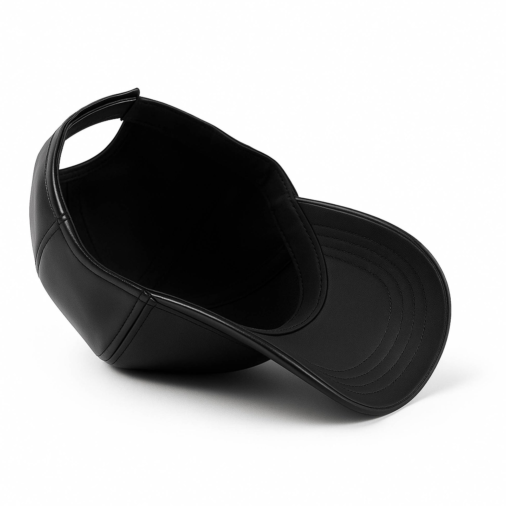 No Cap BD black faux leather baseball cap with structured crown, curved brim and adjustable back strap