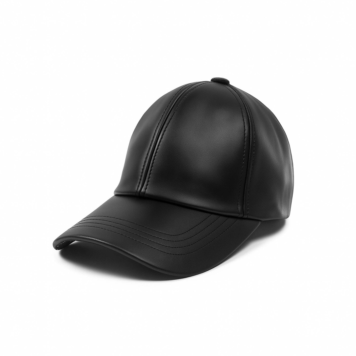 No Cap BD black faux leather baseball cap with structured crown, curved brim and adjustable back strap