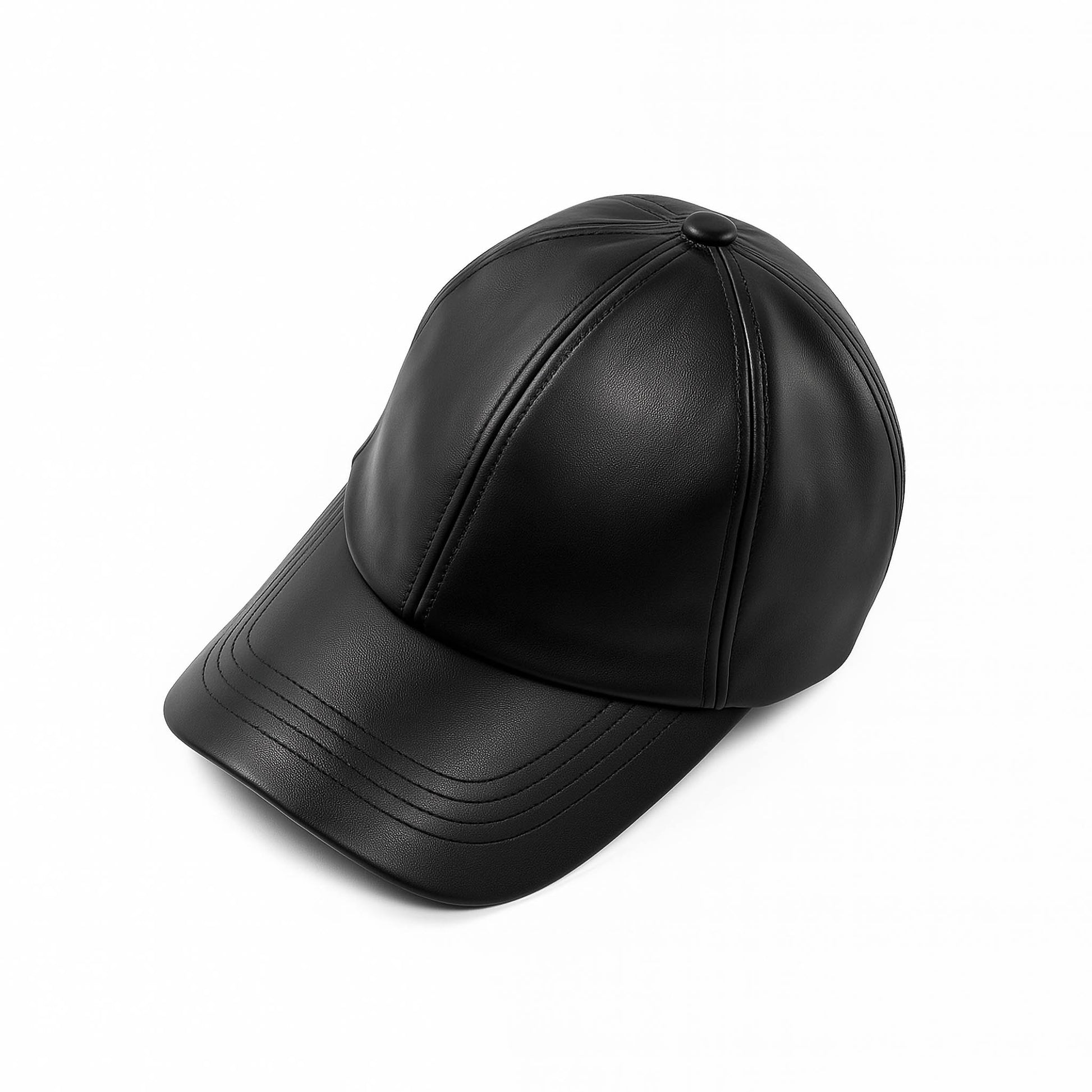 No Cap BD black faux leather baseball cap with structured crown, curved brim and adjustable back strap