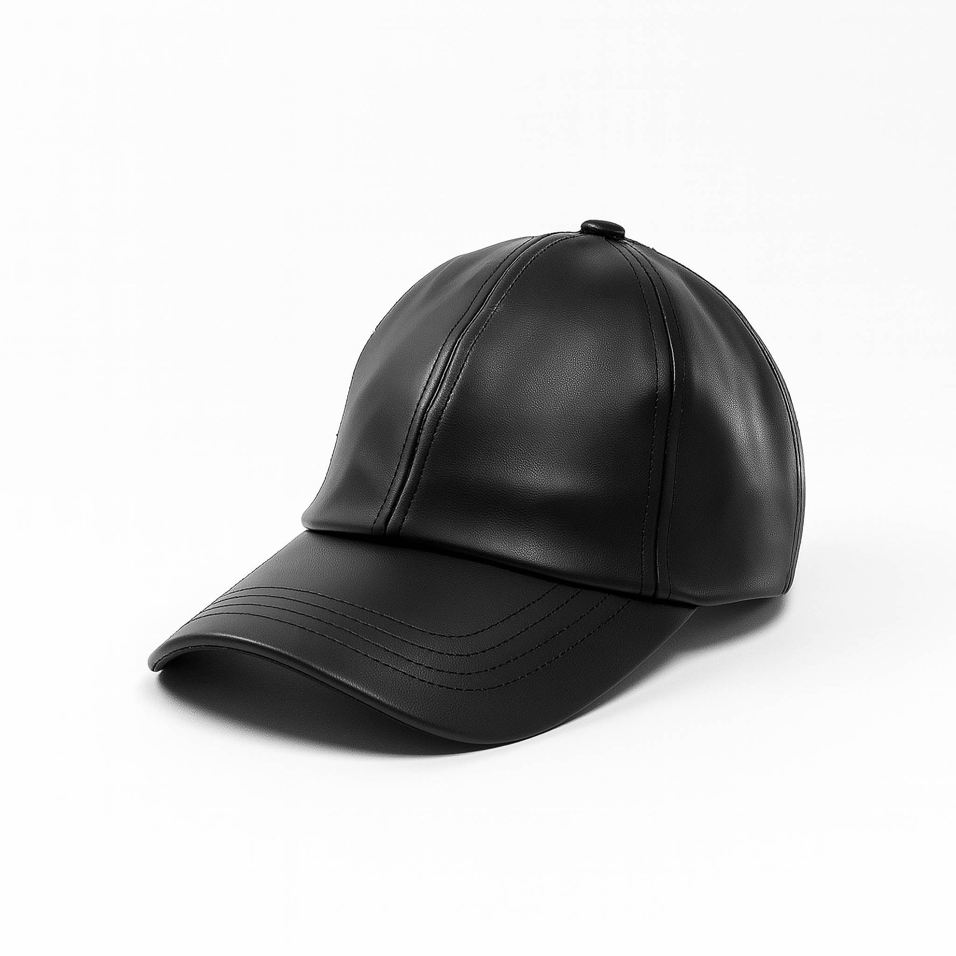 No Cap BD black faux leather baseball cap with structured crown, curved brim and adjustable back strap