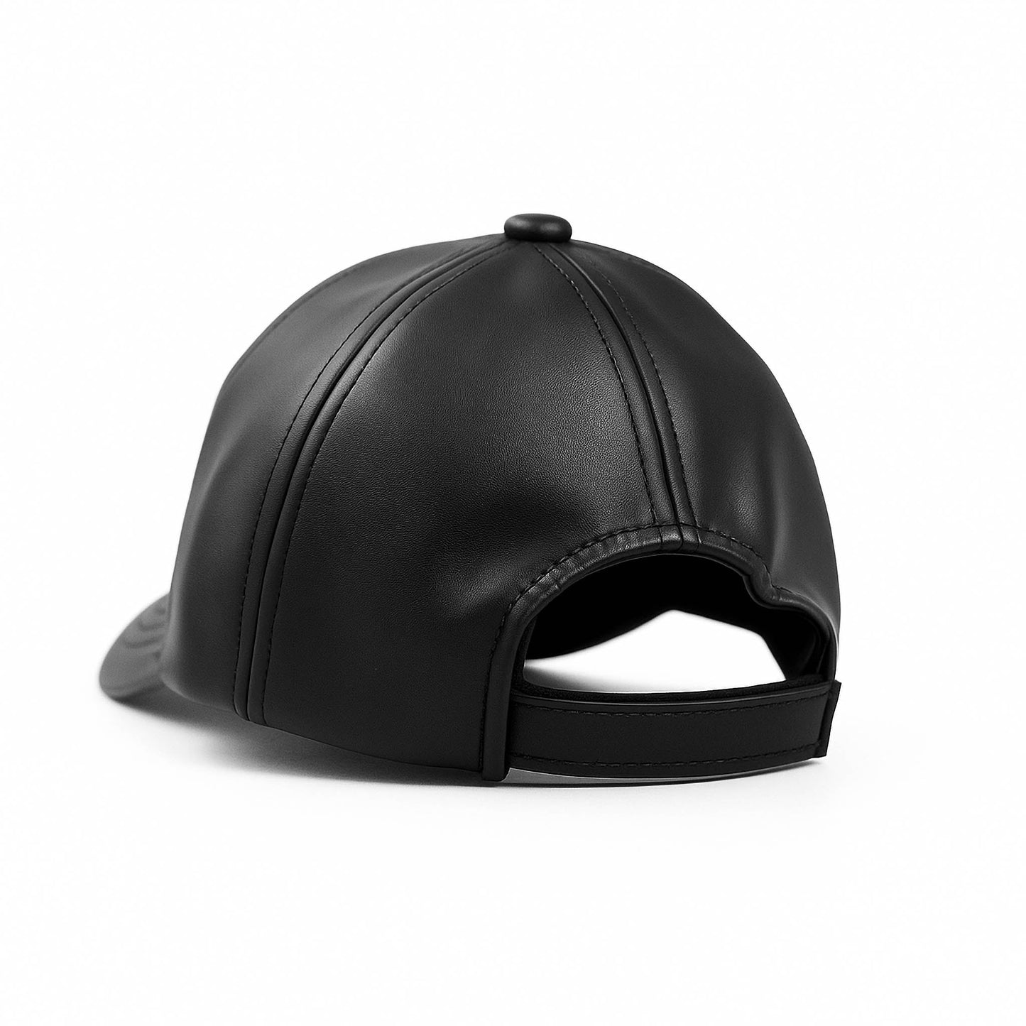 Black faux leather baseball cap with a structured high crown , stiched curved brim and an adjustable back strap photographed on a white background.

