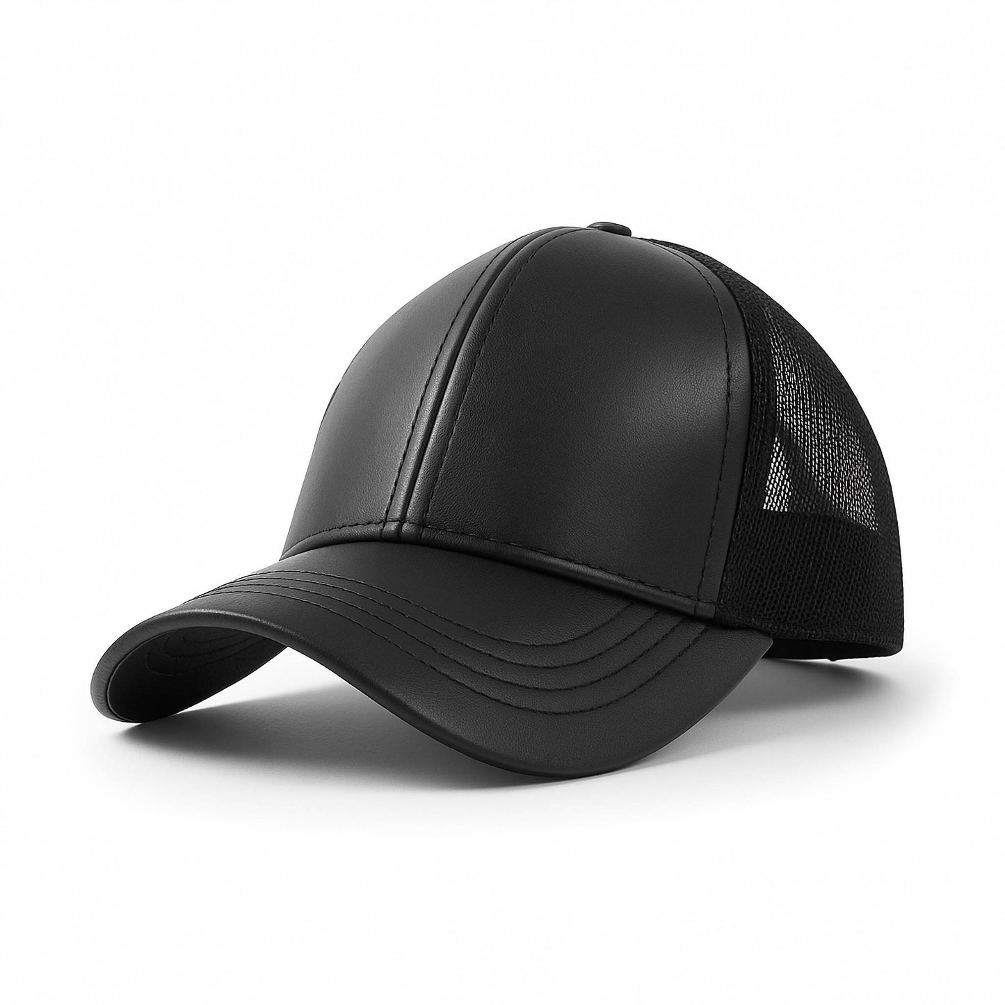 Black faux leather baseball cap with a mesh back,structured high crown , stiched curved brim and an adjustable snapback strap photographed on a white background.

