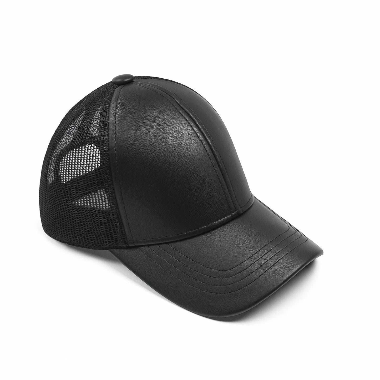 Black faux leather baseball cap with a mesh back,structured high crown , stiched curved brim and an adjustable snapback strap photographed on a white background.
