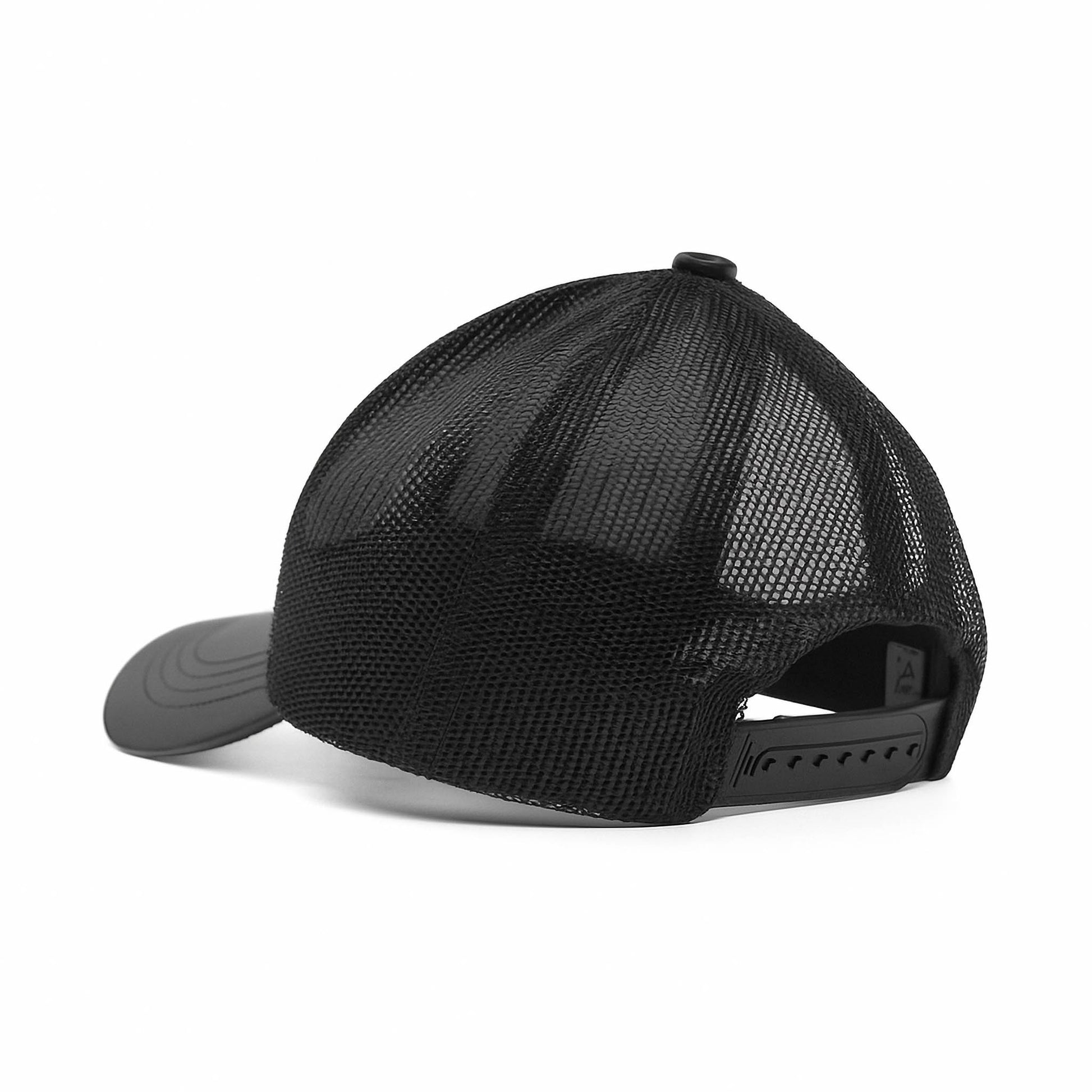 Black faux leather baseball cap with a mesh back,structured high crown , stiched curved brim and an adjustable snapback strap photographed on a white background.
