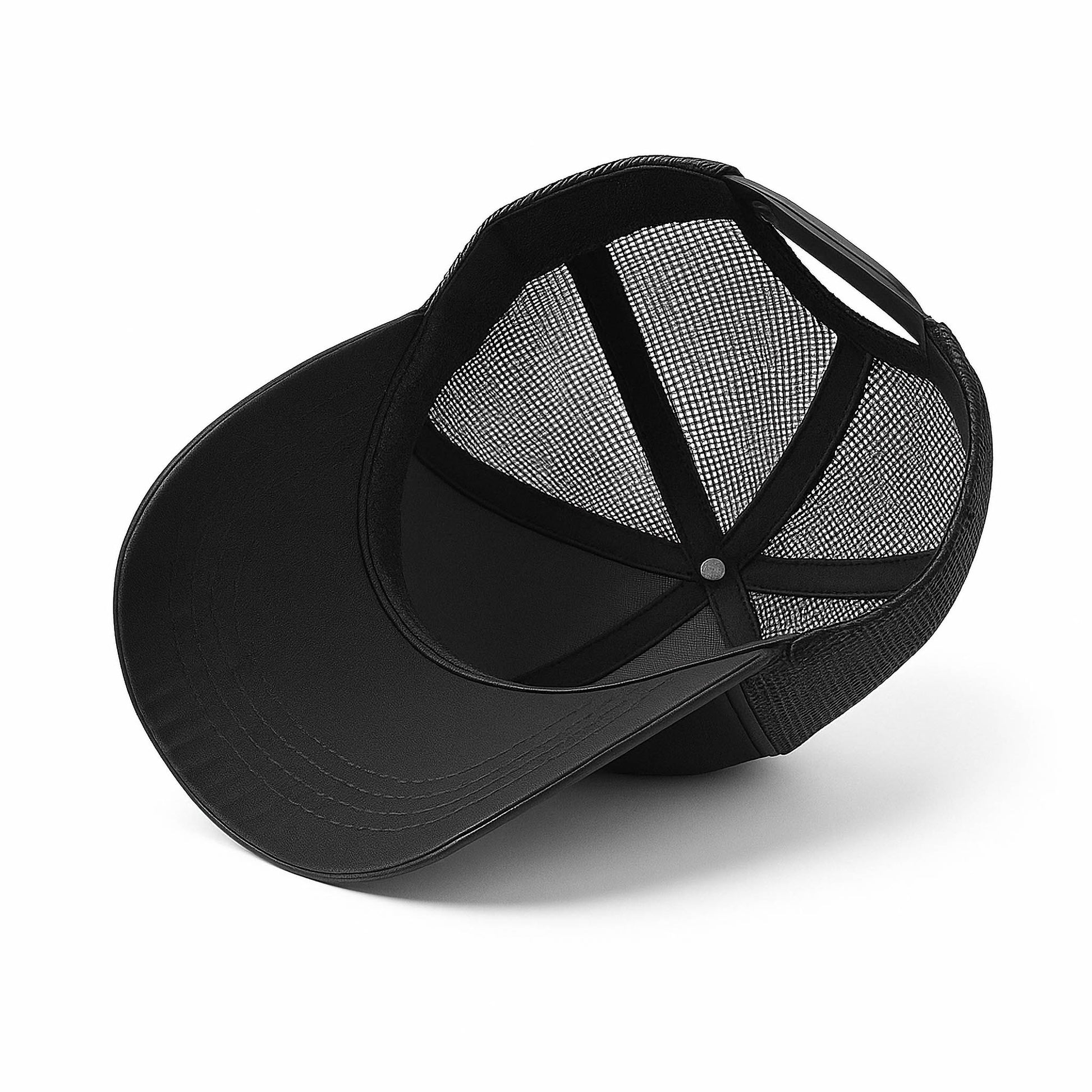 Black faux leather baseball cap with a mesh back,structured high crown , stiched curved brim and an adjustable snapback strap photographed on a white background.
