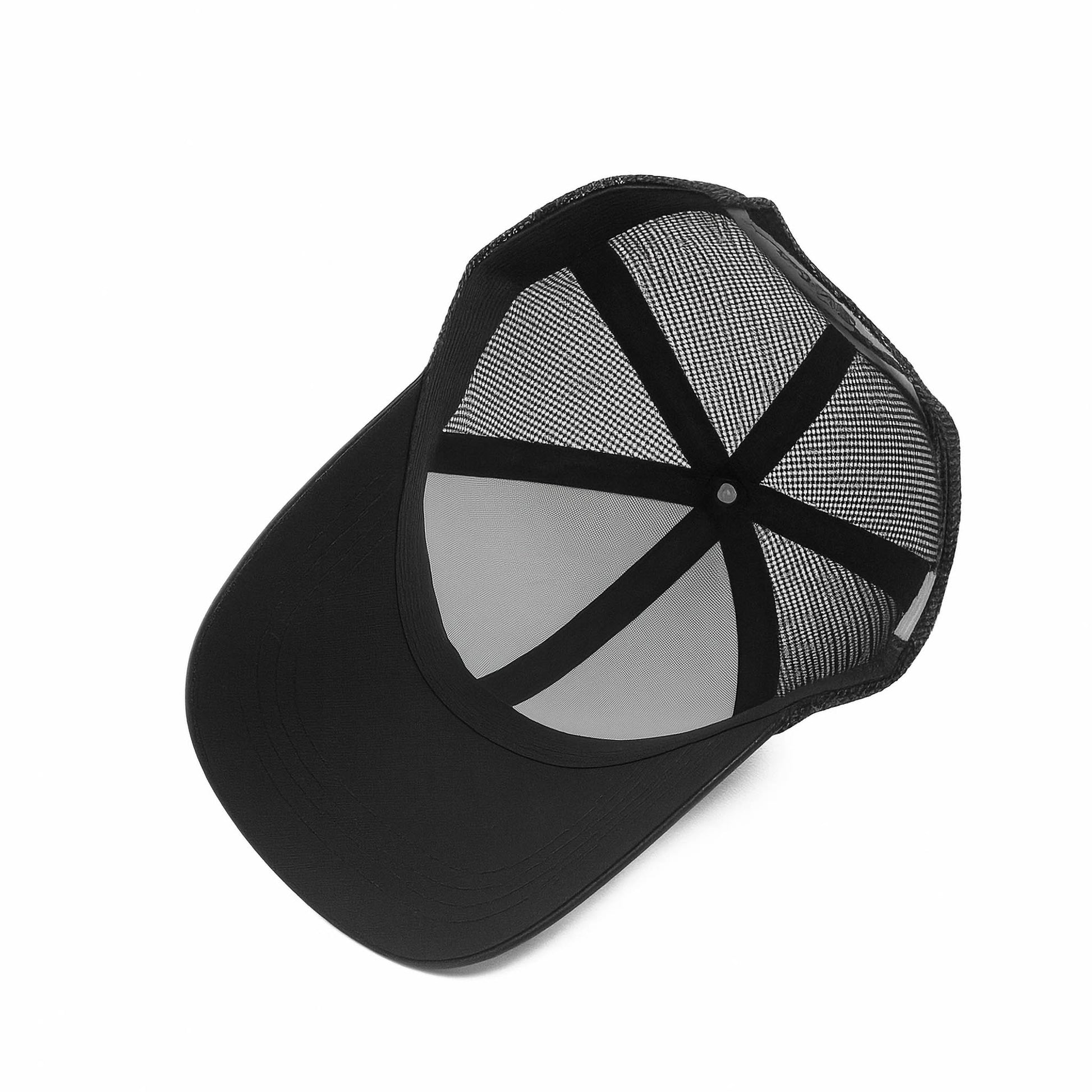 Black faux leather baseball cap with a mesh back,structured high crown , stiched curved brim and an adjustable snapback strap photographed on a white background.
