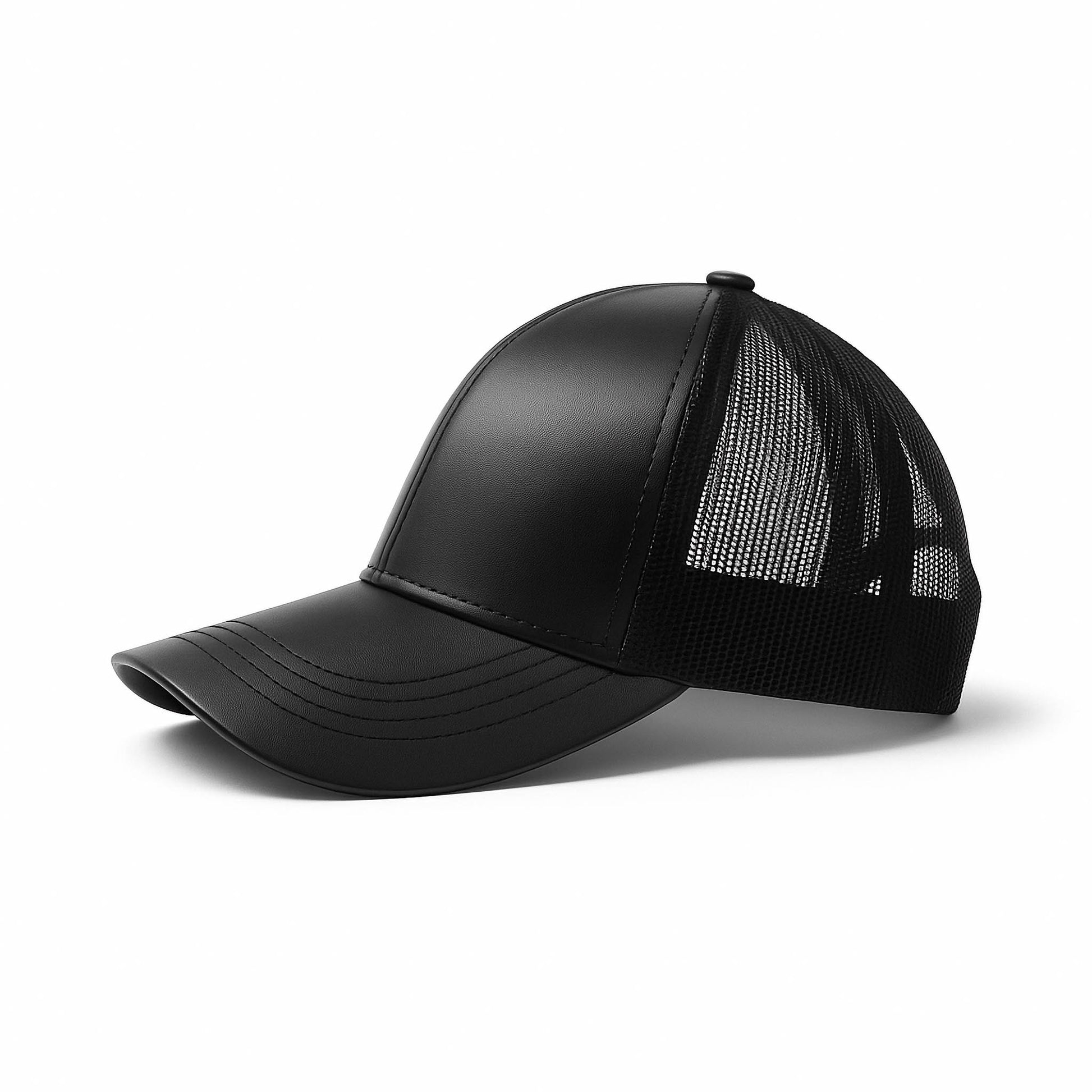 Black faux leather baseball cap with a mesh back,structured high crown , stiched curved brim and an adjustable snapback strap photographed on a white background.
