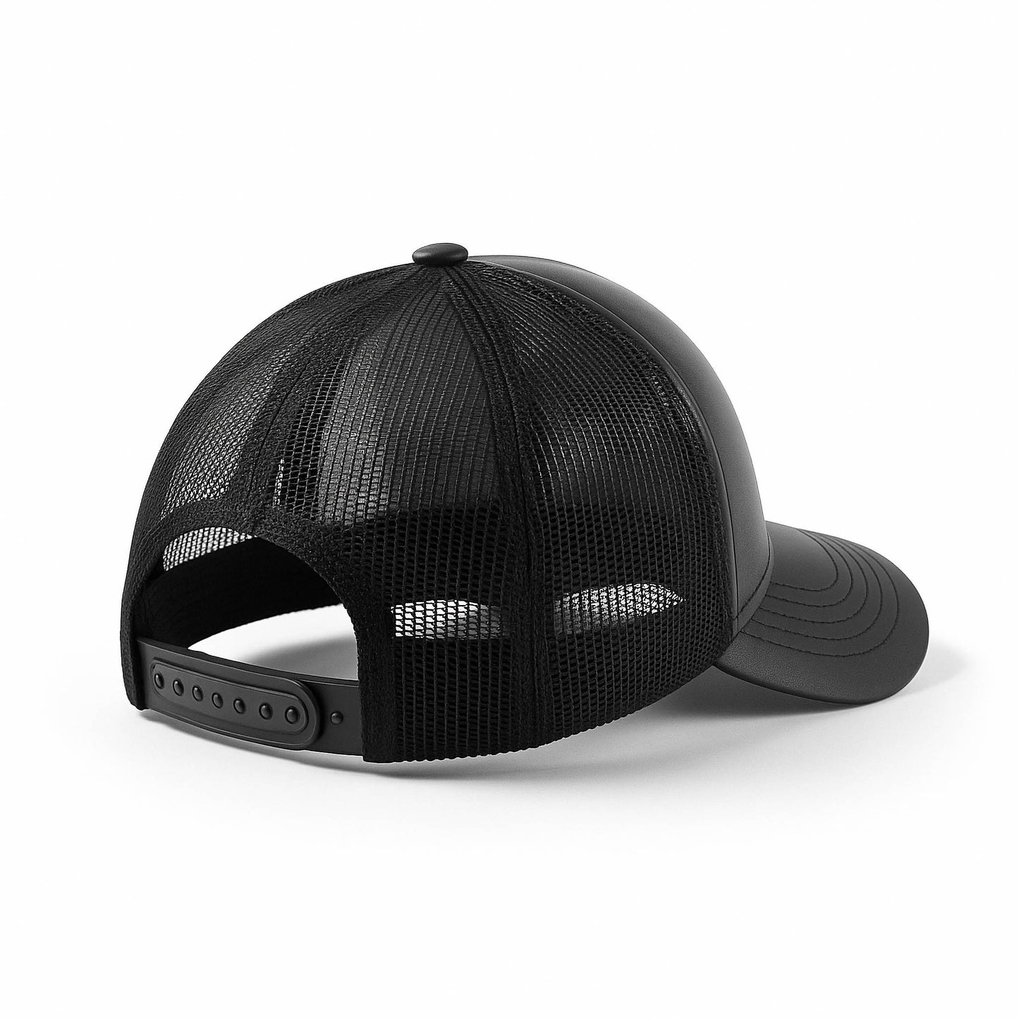 Black faux leather baseball cap with a mesh back,structured high crown , stiched curved brim and an adjustable snapback strap photographed on a white background.
