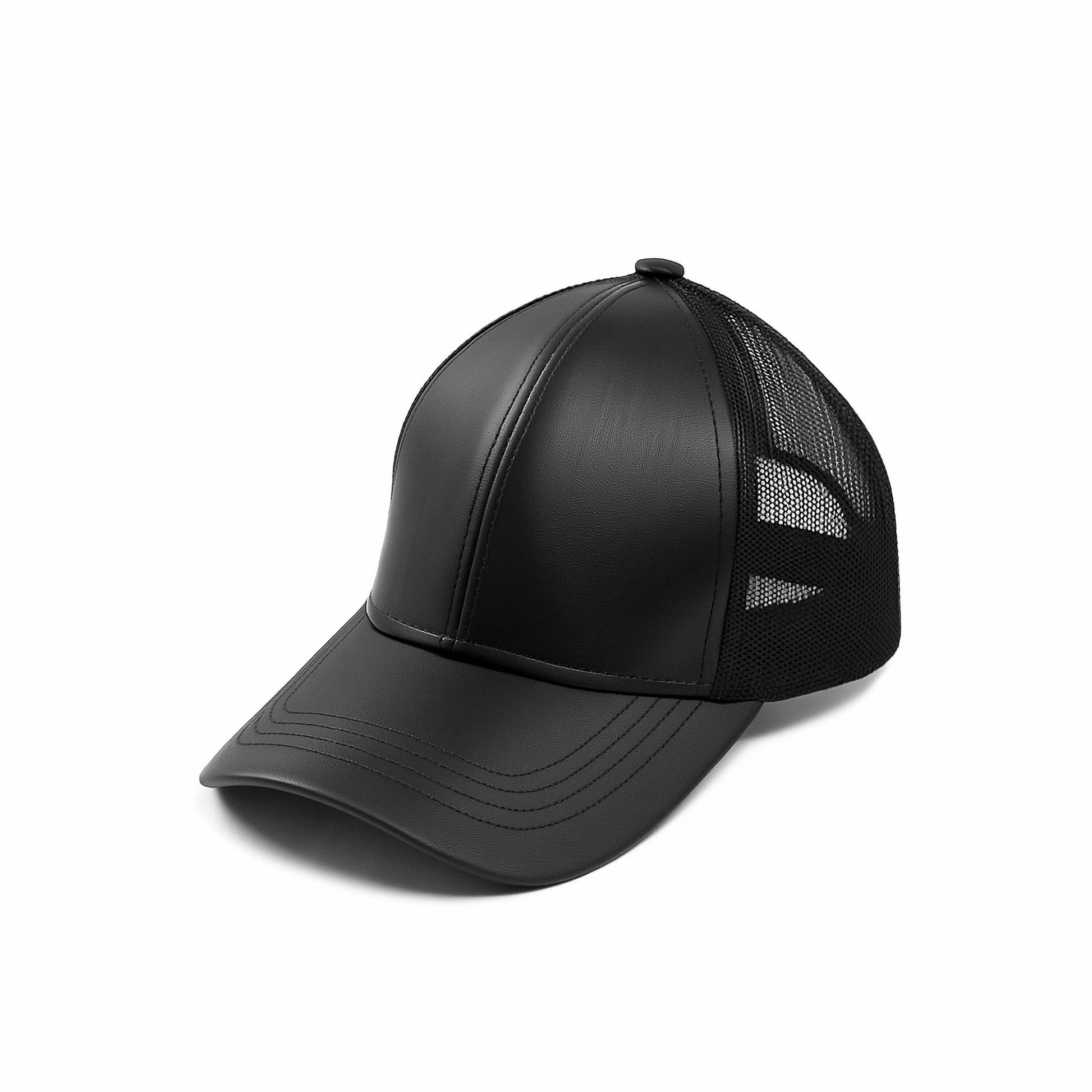 Black faux leather baseball cap with a mesh back,structured high crown , stiched curved brim and an adjustable snapback strap photographed on a white background.
