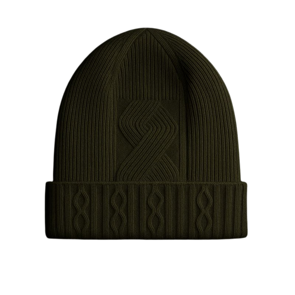 Olive knit woolen beanie with cable pattern and velvet inner photographed on a white background