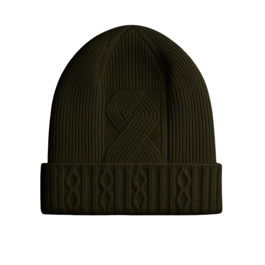 Olive knit woolen beanie with cable pattern and velvet inner photographed on a white background