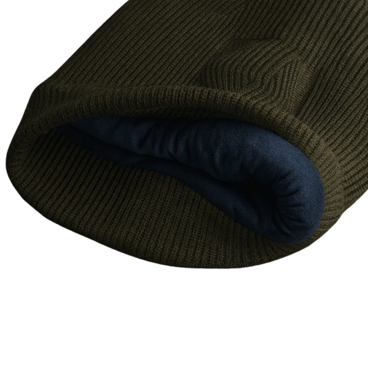 Olive knit woolen beanie with cable pattern and velvet inner photographed on a white background