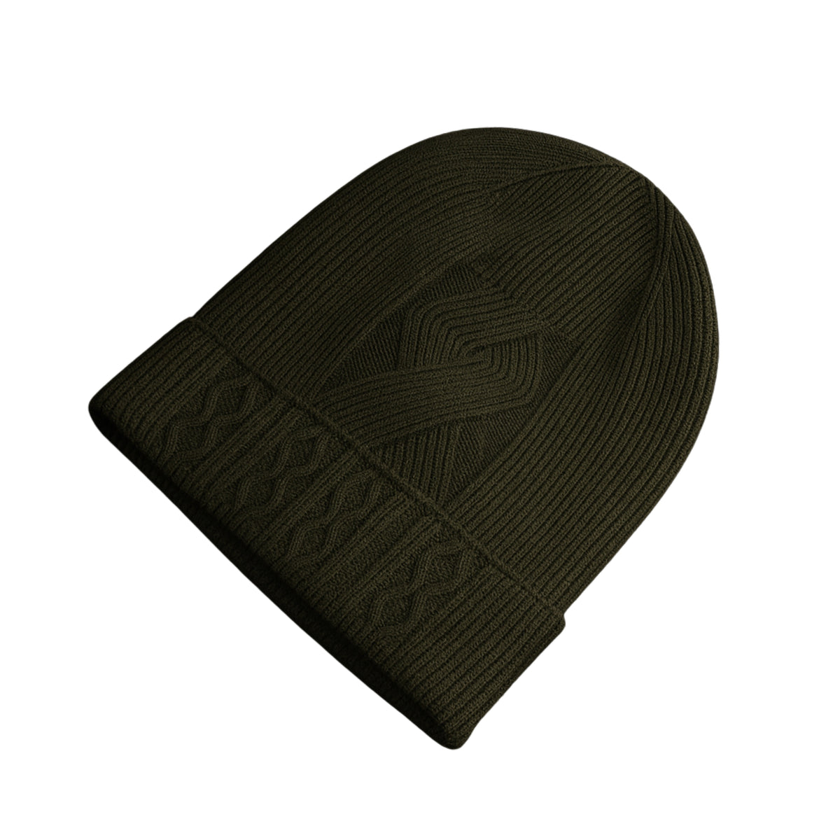 Olive knit woolen beanie with cable pattern and velvet inner photographed on a white background