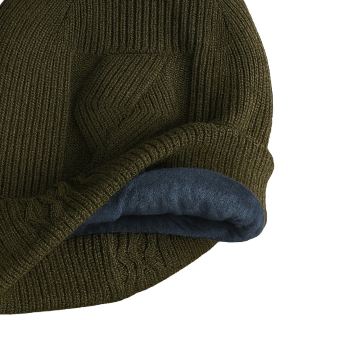 Olive knit woolen beanie with cable pattern and velvet inner photographed on a white background